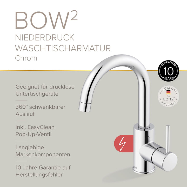 Lenz Niederdruck Waschtischarmatur Bow² in Chrom – 360° schwenkbarer Bogenauslauf – Mit EasyClean Po