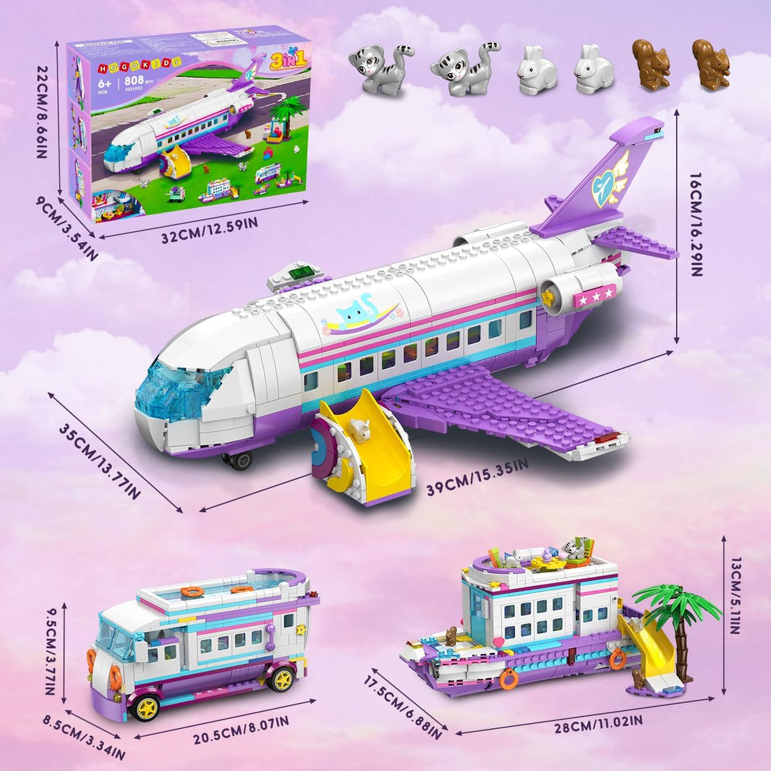 HOGOKIDS 3-in-1 Friends Flugzeug Bauspielzeug Set - 808pcs Flugzeug/Boot/Wohnmobil VanBausteine Spie
