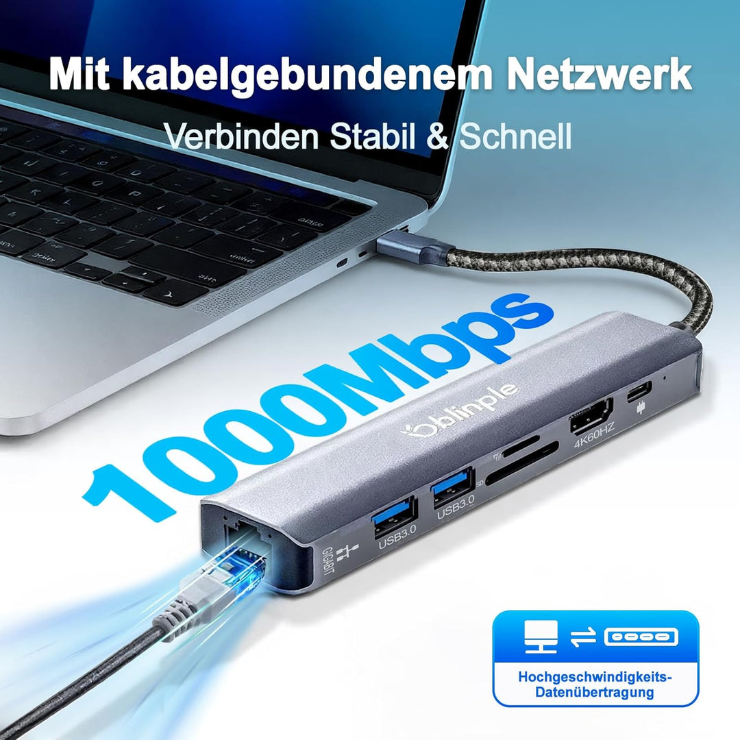 7 in 1 USB C Hub Gigabit Ethernet Adapter mit 4K@60Hz HDMI LAN RJ45 PD100W 2*USB 3.0 SD/TF Kartenles
