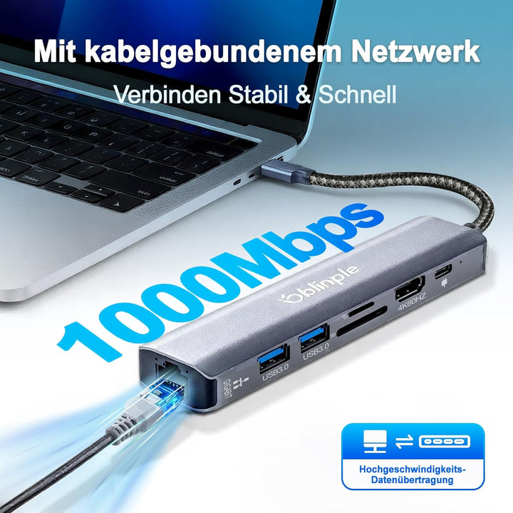 7 in 1 USB C Hub Gigabit Ethernet Adapter mit 4K@60Hz HDMI LAN RJ45 PD100W 2*USB 3.0 SD/TF Kartenles