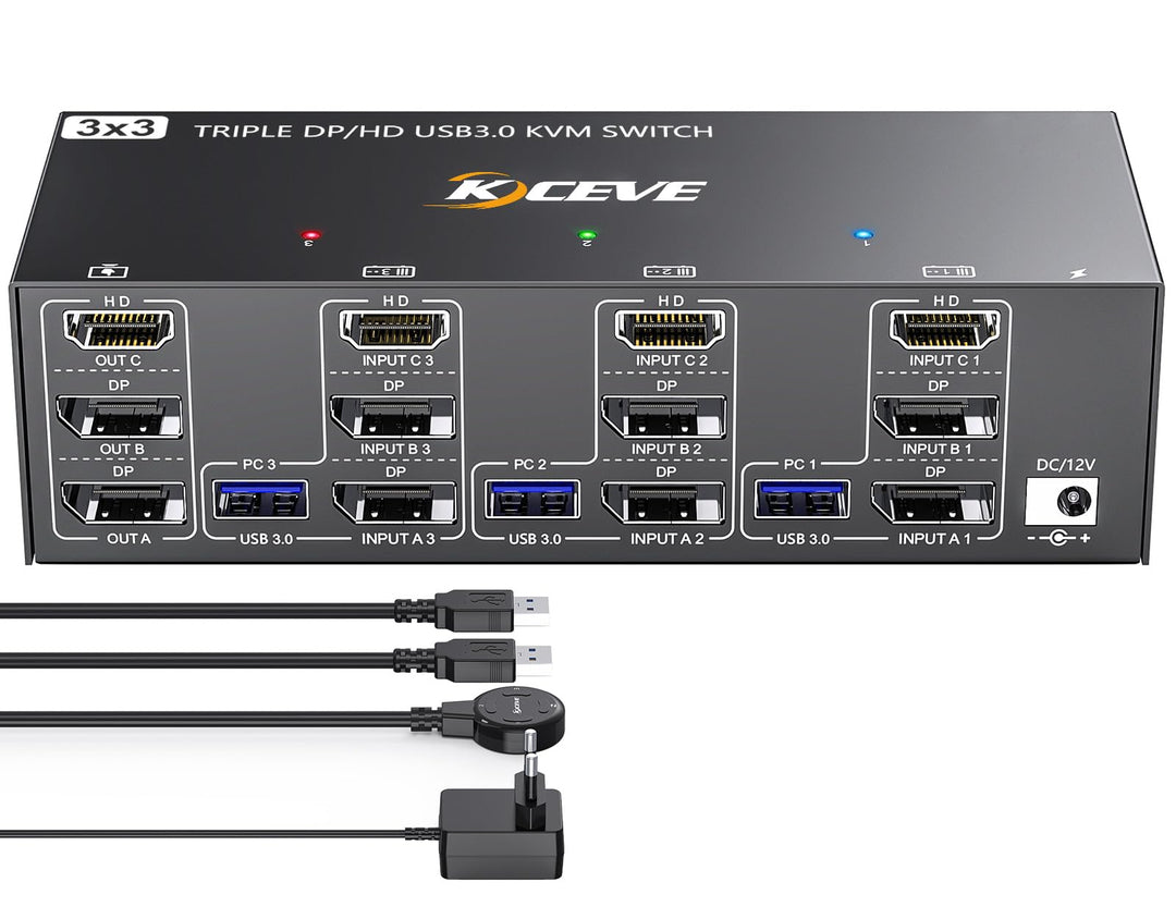 KVM Switch 3 PC 3 Monitore 8K@60Hz, 4K@144Hz, USB 3.0 KVM Switch Triple Monitor 2 Displayport 1.4 +