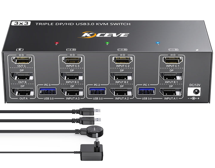 KVM Switch 3 PC 3 Monitore 8K@60Hz, 4K@144Hz, USB 3.0 KVM Switch Triple Monitor 2 Displayport 1.4 +