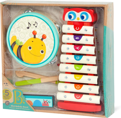 B. toys 3 Musikinstrumente für Kinder aus Holz – Xylophon / Glockenspiel, Mundharmonika, Tamburin –