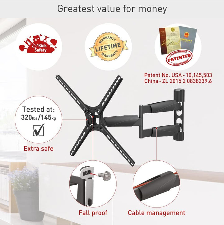 Barkan Long TV Wall Mount, 13-65 inch Full Motion Articulating - 4 Movement Premium Flat/Curved Scre