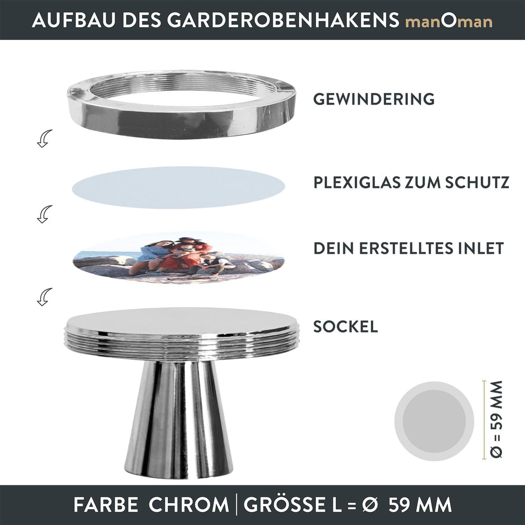 manOman Garderobenhaken Chrom glänzend, Grösse L - 59mm, Optik individualisierbar durch DIY-Inlet, M