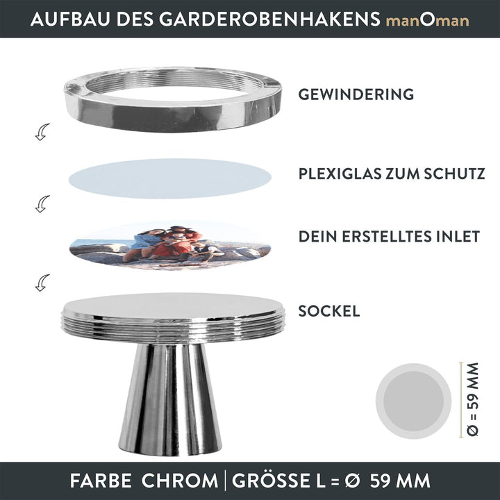 manOman Garderobenhaken Chrom glänzend, Grösse L - 59mm, Optik individualisierbar durch DIY-Inlet, M