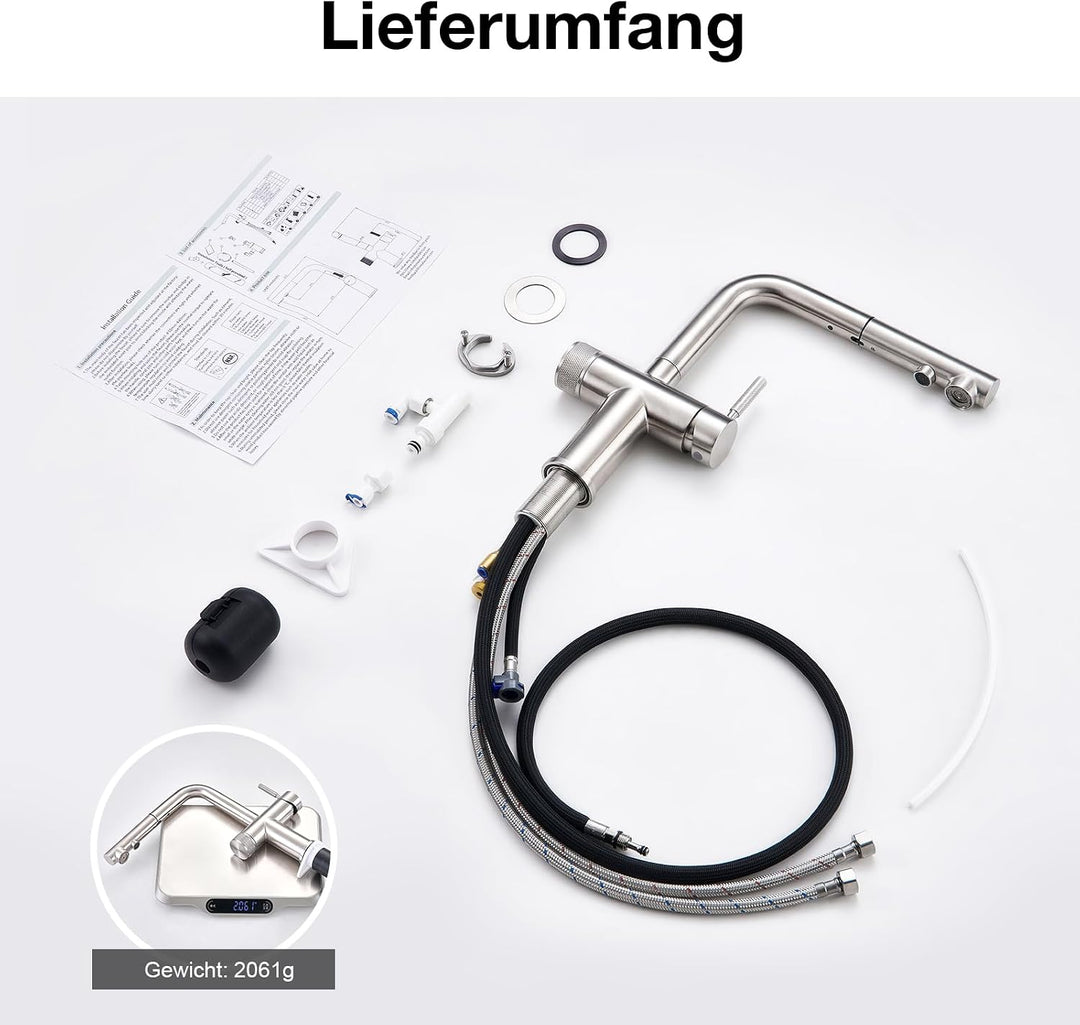Faustina 3 Wege Küchenarmatur mit Brause ausziehbar, Doppelhebel Armatur Wasserhahn Spültischarmatur