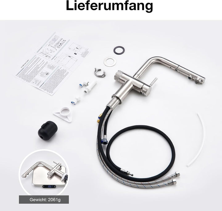 Faustina 3 Wege Küchenarmatur mit Brause ausziehbar, Doppelhebel Armatur Wasserhahn Spültischarmatur