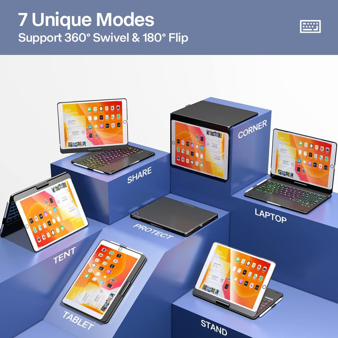 Schutzhülle für iPad 9. Generation mit Tastatur, 360° drehbar, Touchpad und 7 Farben Hintergrundbele