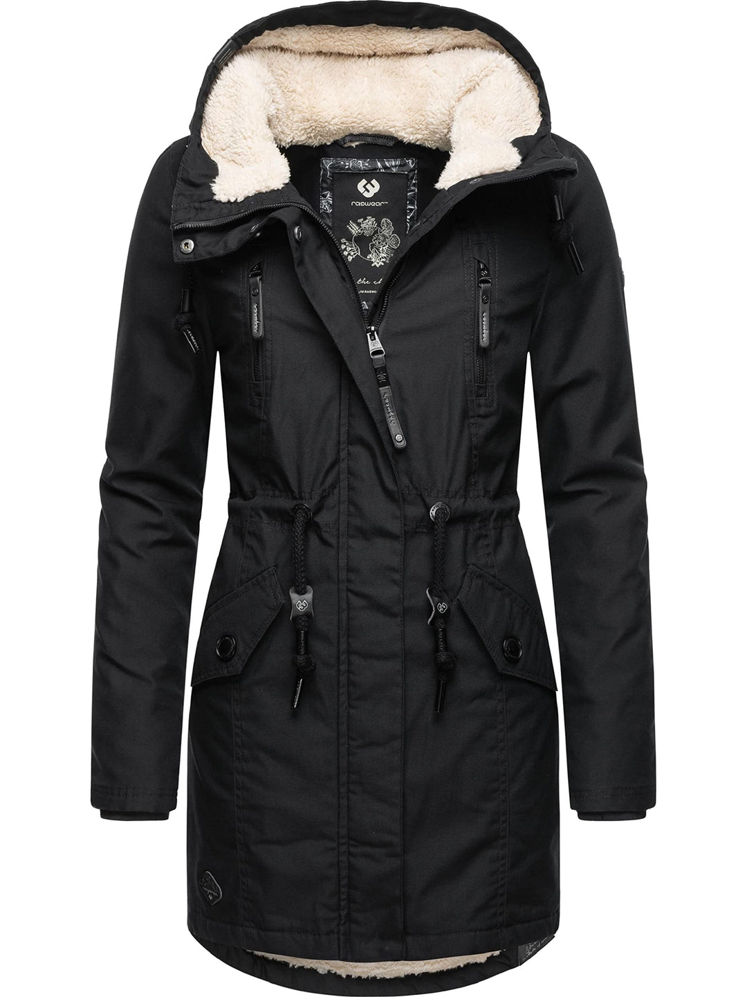 Ragwear Warmer Damen Winterparka lang mit Teddyfell-Kapuze Elsie XS-5XL XS Black22, XS Black22