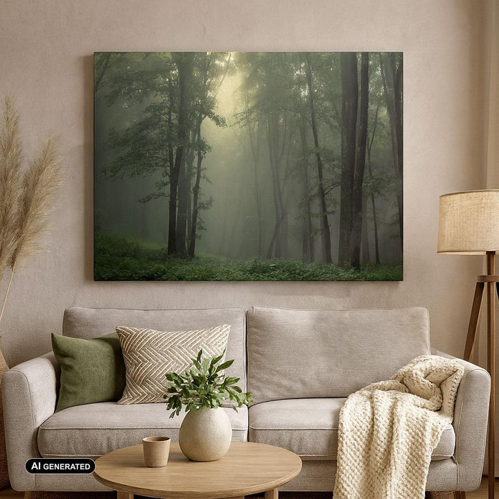 Bilder auf Leinwand 100x70cm Leinwandbild mit Rahmen Wald Nebel Baum Gross Wanddeko Bild Schlafzimme