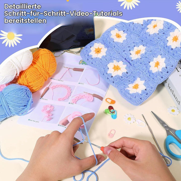 ORIGACH DIY Gänseblümchen-Häkel-Tragetaschen-Set für Anfänger, Floral Crochet Granny Square Handmade