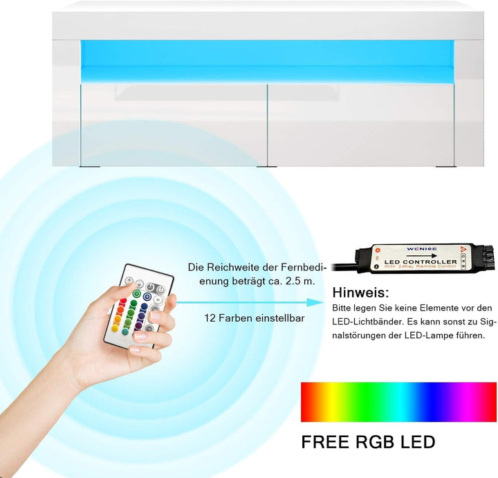 SONNI TV Board, Fernsehtisch, Lowboard Hochglanz,mit LED-Beleuchtung, 12 Farben können eingestellt W