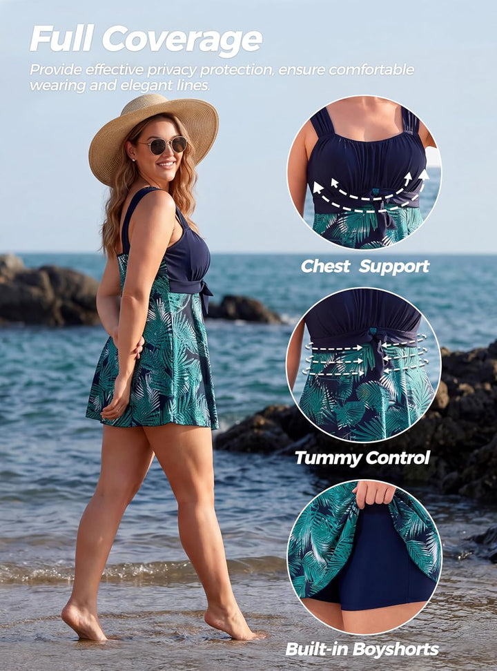 Wantdo Damen Badeanzüge Sommer Bauchweg Tankini Bademode mit Bügel Badekleid Einteiler Schlanke Stra
