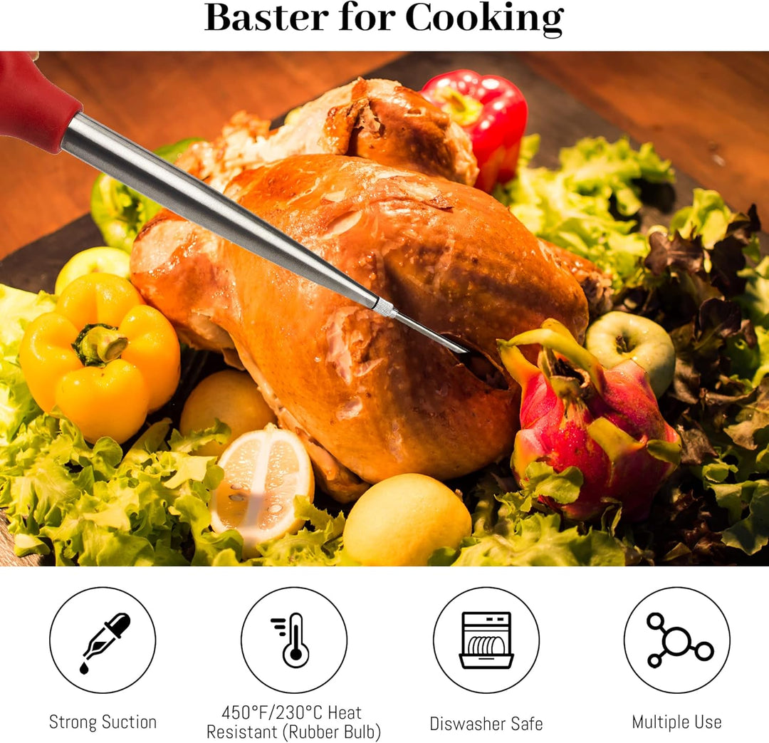 Bratenspritze zum Kochen, Bratenspritze aus Edelstahl, gross, mit Reinigungsbürste und 2 Marinadenna