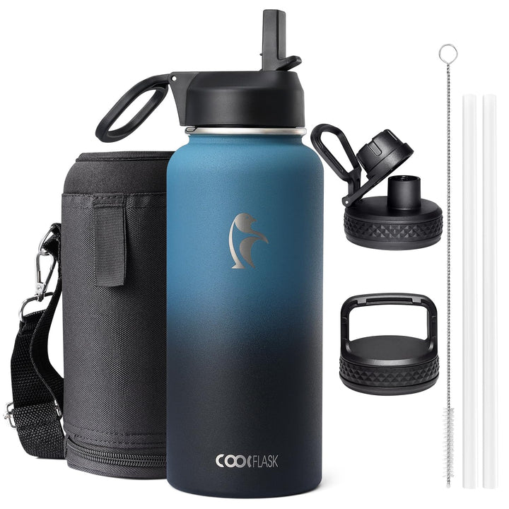 Coolflask Isolierte Wasserflasche 1L, Edelstahl Isolierte Wasserflasche mit Strohhalm & 3 Deckeln, D