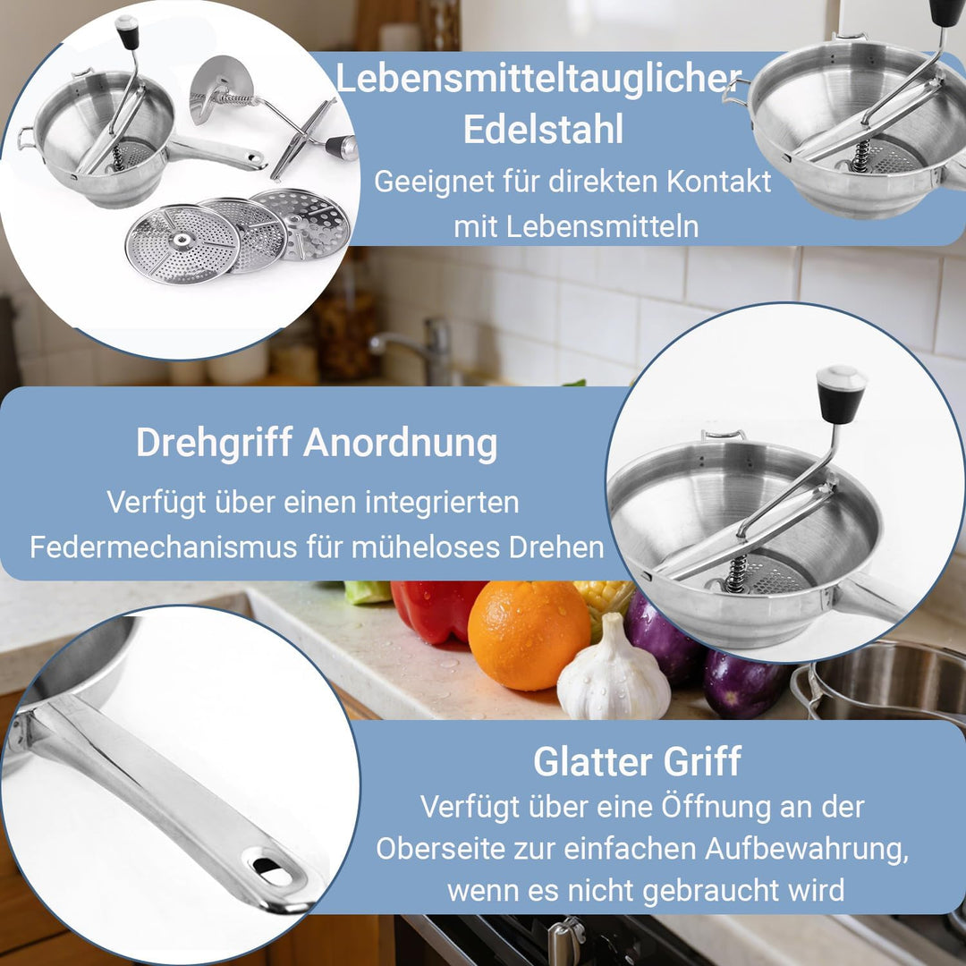 Passiergerät mit 3 Passiersieb,Manuelle Kartoffelstampfer Edelstahl,Classic Potato Masher,Kartoffelp