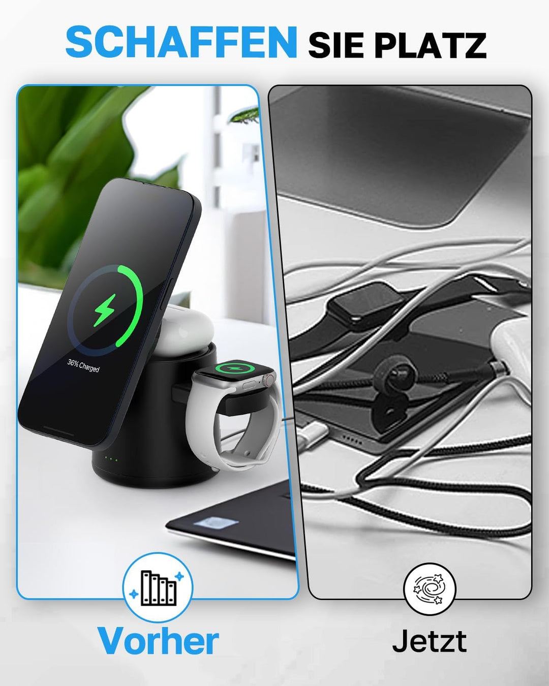 3-in-1 MagSafe Ladestation für Apple Watch, iPhone & AirPods, Kabellose Induktive Aufladestation für