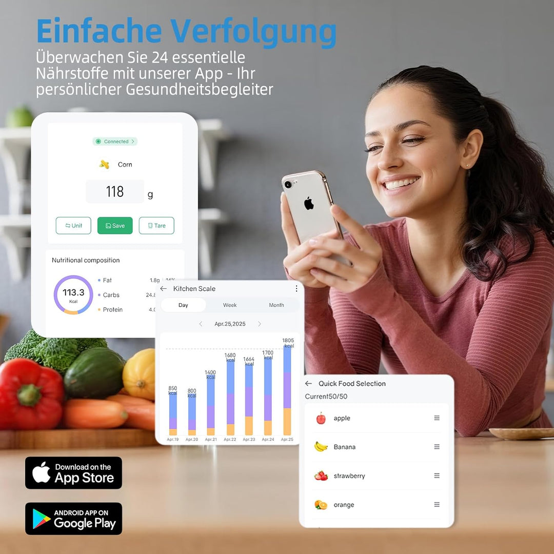 Digitale Küchenwaage mit Nährwertberechnung, Lebensmittelwaage mit 24 Nährwertanalyse, 5kg Edelstahl