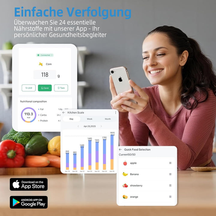 Digitale Küchenwaage mit Nährwertberechnung, Lebensmittelwaage mit 24 Nährwertanalyse, 5kg Edelstahl