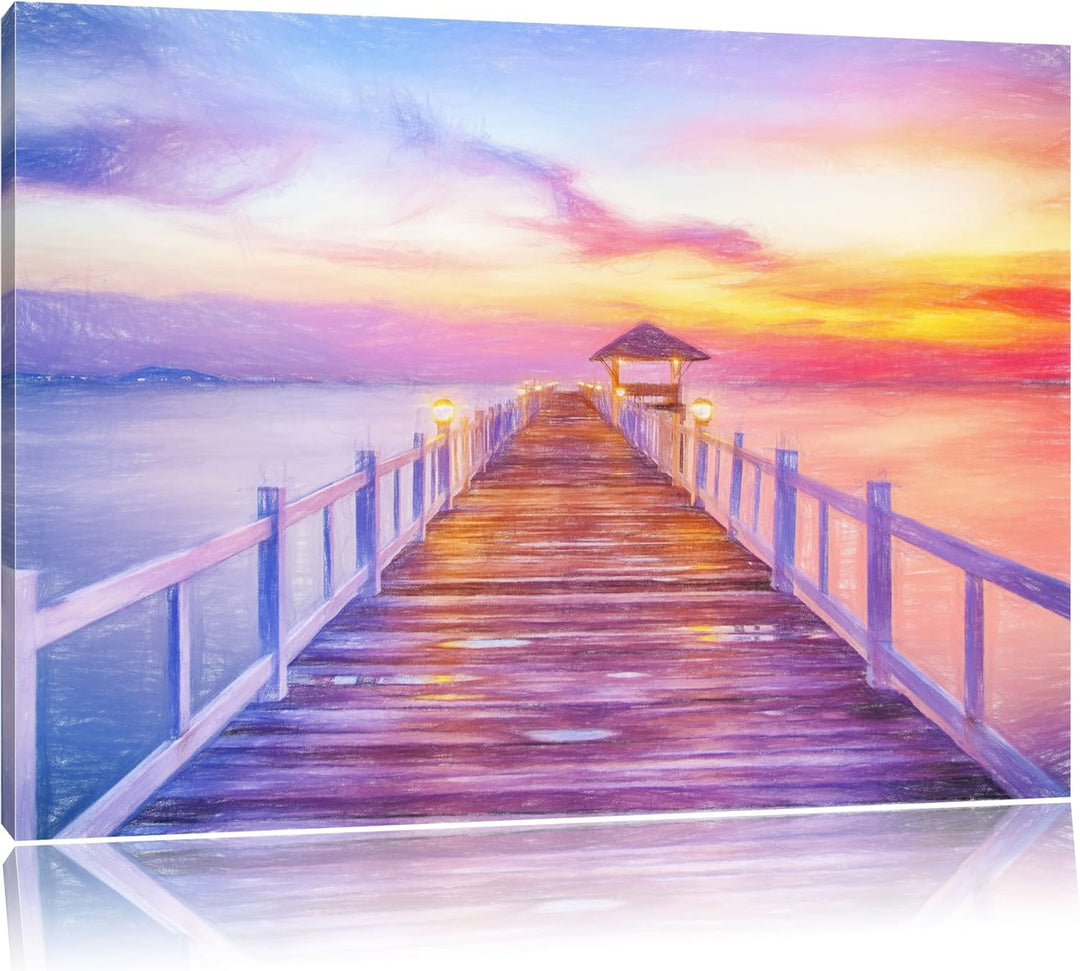 Pixxprint Steg ins Meer bei Sonnenuntergang als Leinwandbild/Grösse: 100x70 cm/Wandbild/Kunstdruck/f