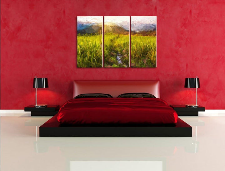 Pixxprint Reisfeld Plantage in Asien als Leinwandbild/Grösse: 3 Teilig (120x80 cm) cm/Wandbild/Kunst