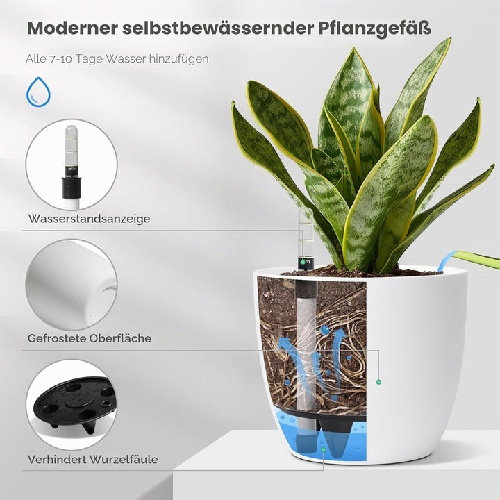 T4U 15cm Selbstwässernder Blumentopf mit Wasseranzeiger Weiss Blumentopf Set 4er-Set, Selbstbewässer