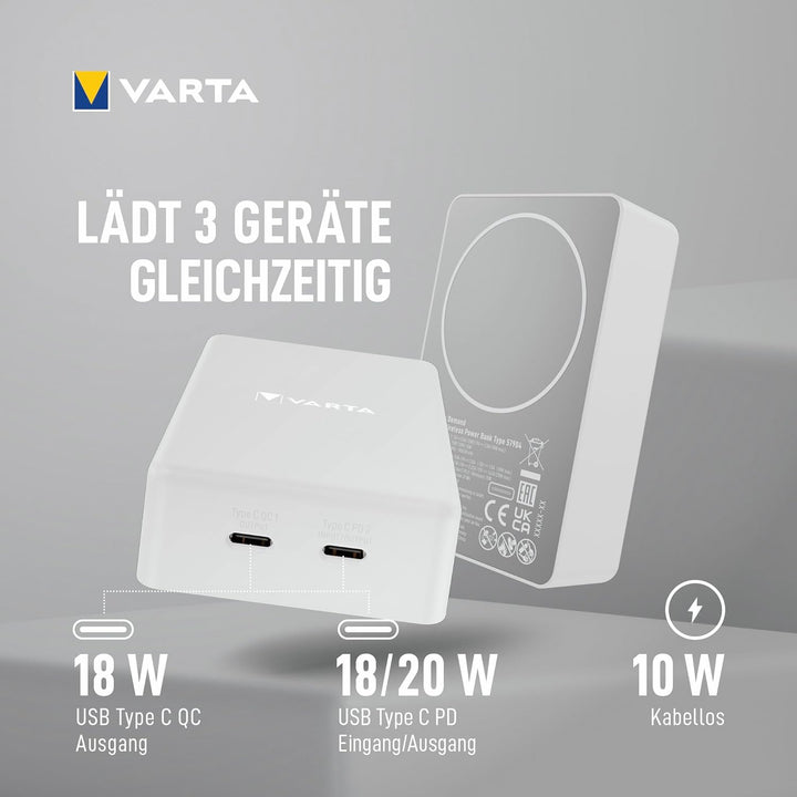VARTA Power Bank 10000 mAh, magnetische, kabellose Powerbank, Mag Pro, Ladegerät mit USB Typ C, komp