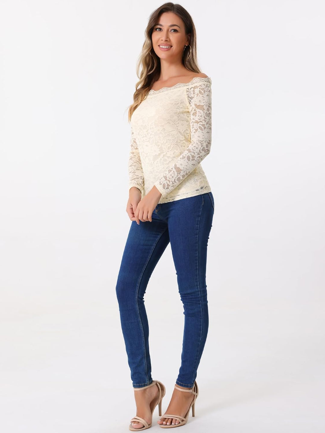 Allegra K Damen Off Shoulder Spitzenbluse Langarm Schulterfrei Oberteil Blumen Transparent Carmenblu