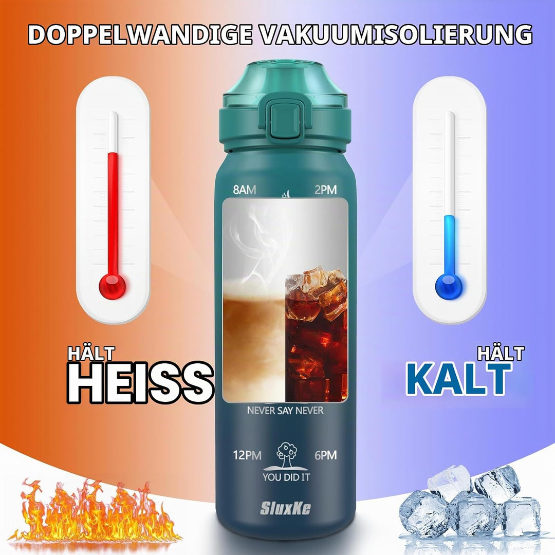 SLUXKE Trinkflasche Edelstahl 1L, Sport Thermosflasche mit Handle, 1000ml BPA freie 18/10 Edelstahlf