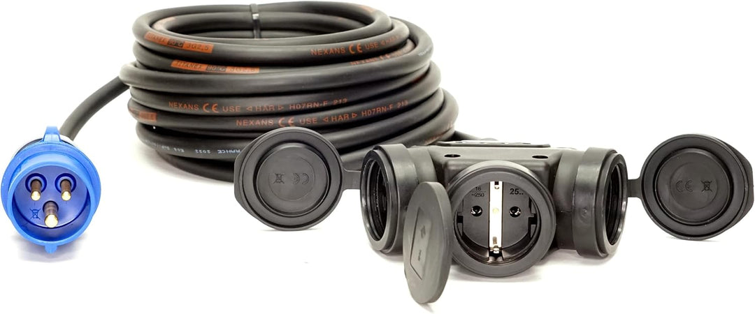 CEE-Stecker auf Schuko-Verteilung 3-Fach (1,5m-50m) 16A Verlängerungskabel Titanex H07RN-F 3x2,5mm²