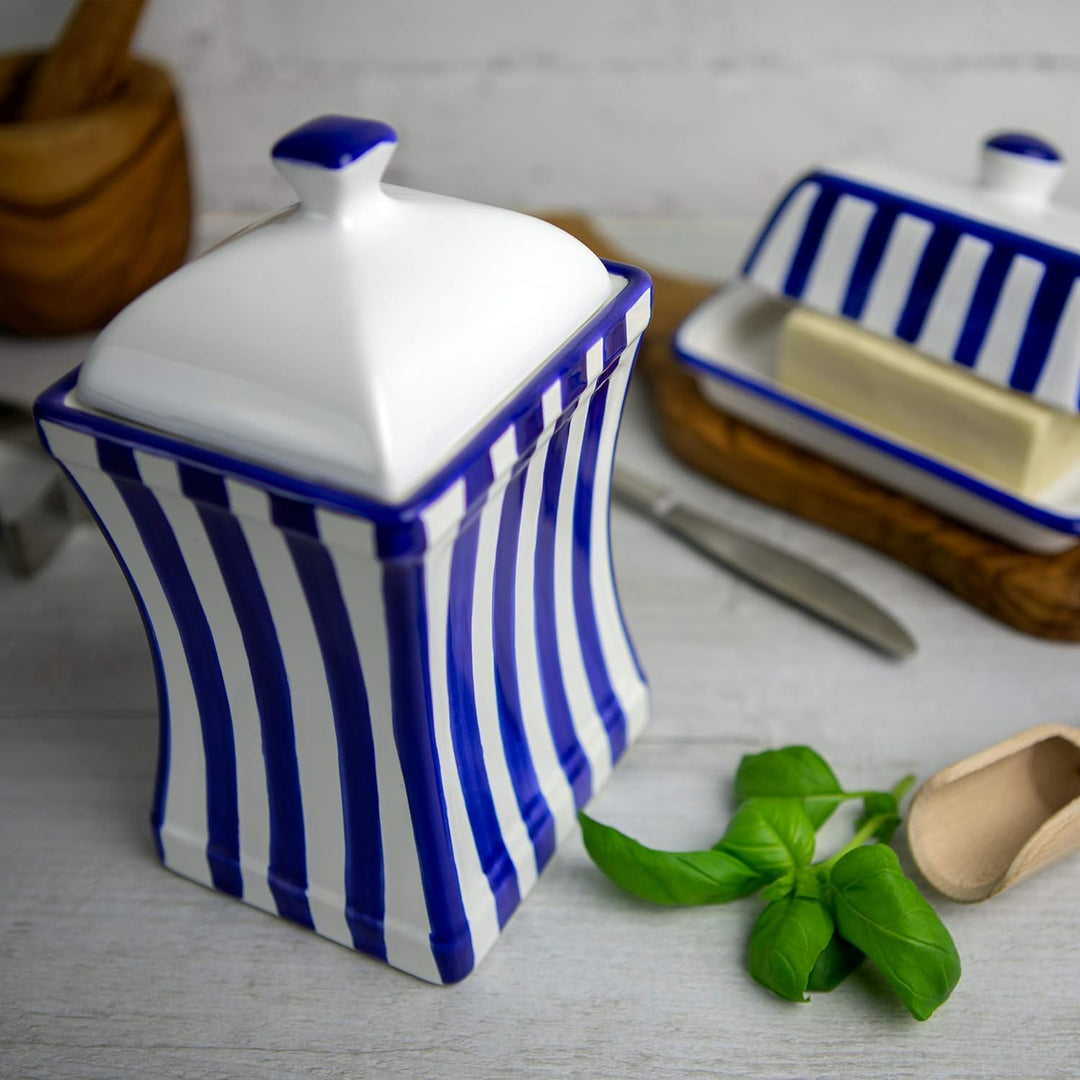 City to Cottage® - Keramik Behälter Küche 900 ml | Blau-Weiss gestreift | Handgemacht | Behälter mit
