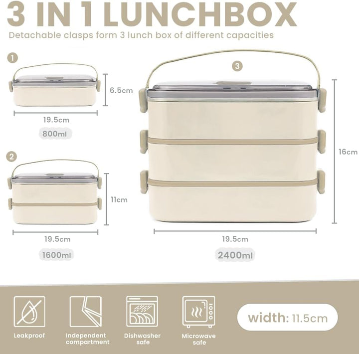 Bugucat Lunchbox 2400ML, 3 in 1 Bento Box Brotdose Auslaufsicher Luftdichte Brotzeitbox mit Fächern