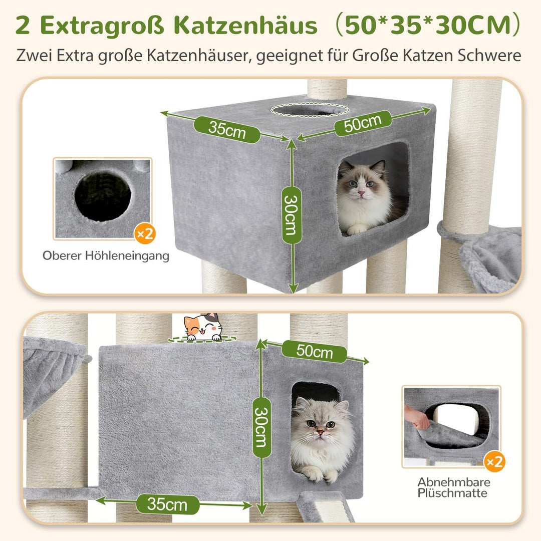 Globlazer Kratzbaum Dicke Stämme 11CM für Grosse Katzen mit 2 Extragross Katzenhaus 50*35*30cm, Ausr