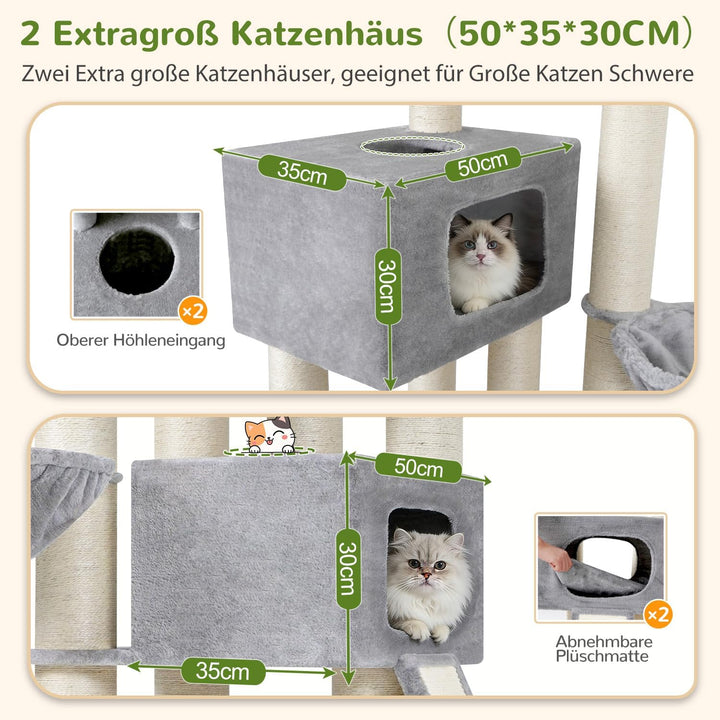 Globlazer Kratzbaum Dicke Stämme 11CM für Grosse Katzen mit 2 Extragross Katzenhaus 50*35*30cm, Ausr