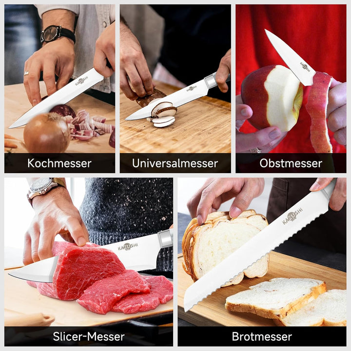 Messerset mit Messerhalter, Küchenmesser Set, 6-teilig Profi Messerset mit Block, Edelstahl Messer S