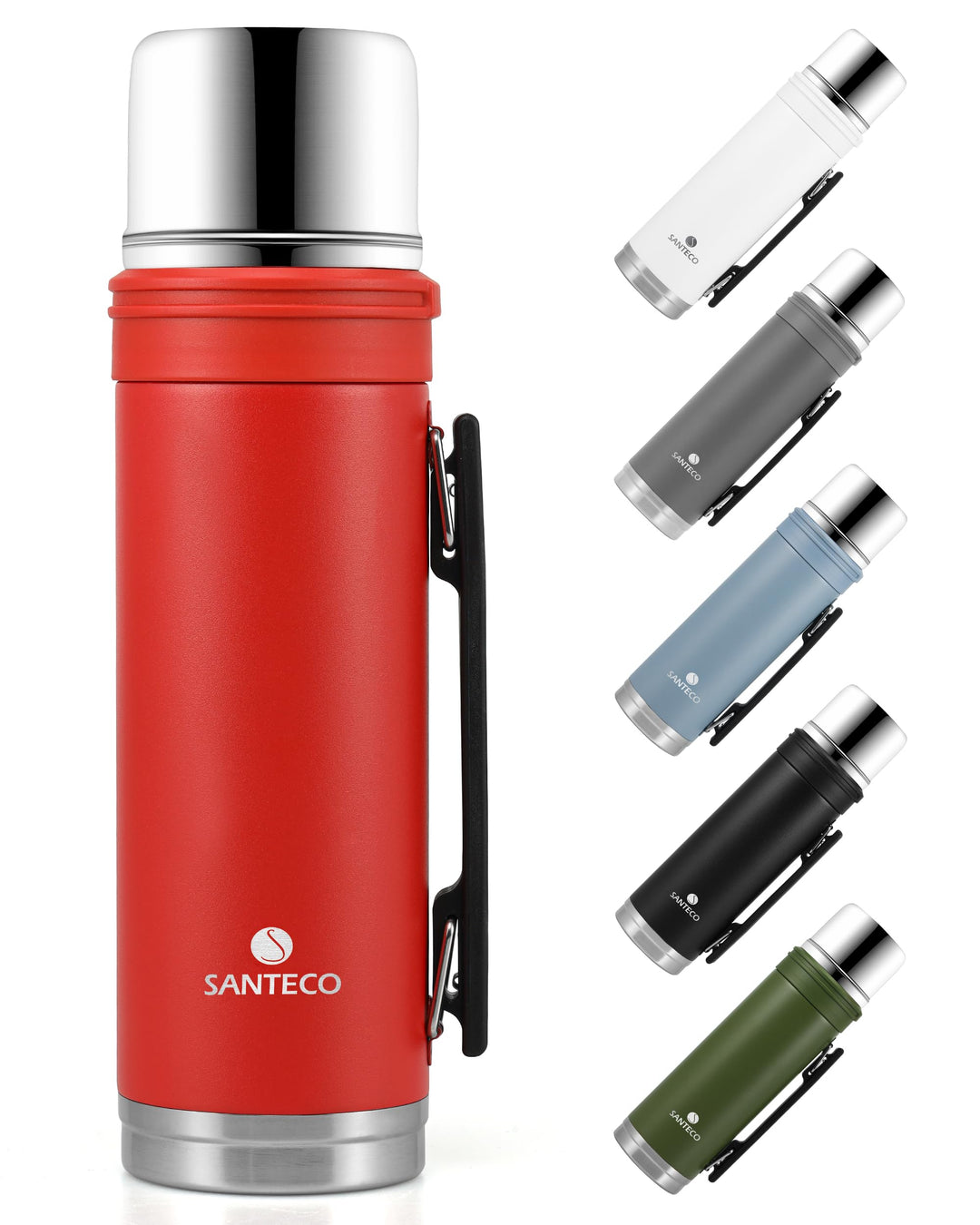 SANTECO Thermoskanne 1L - Thermoskanne mit Trinkbecher für unterwegs - Thermosflasche Edelstahl mit