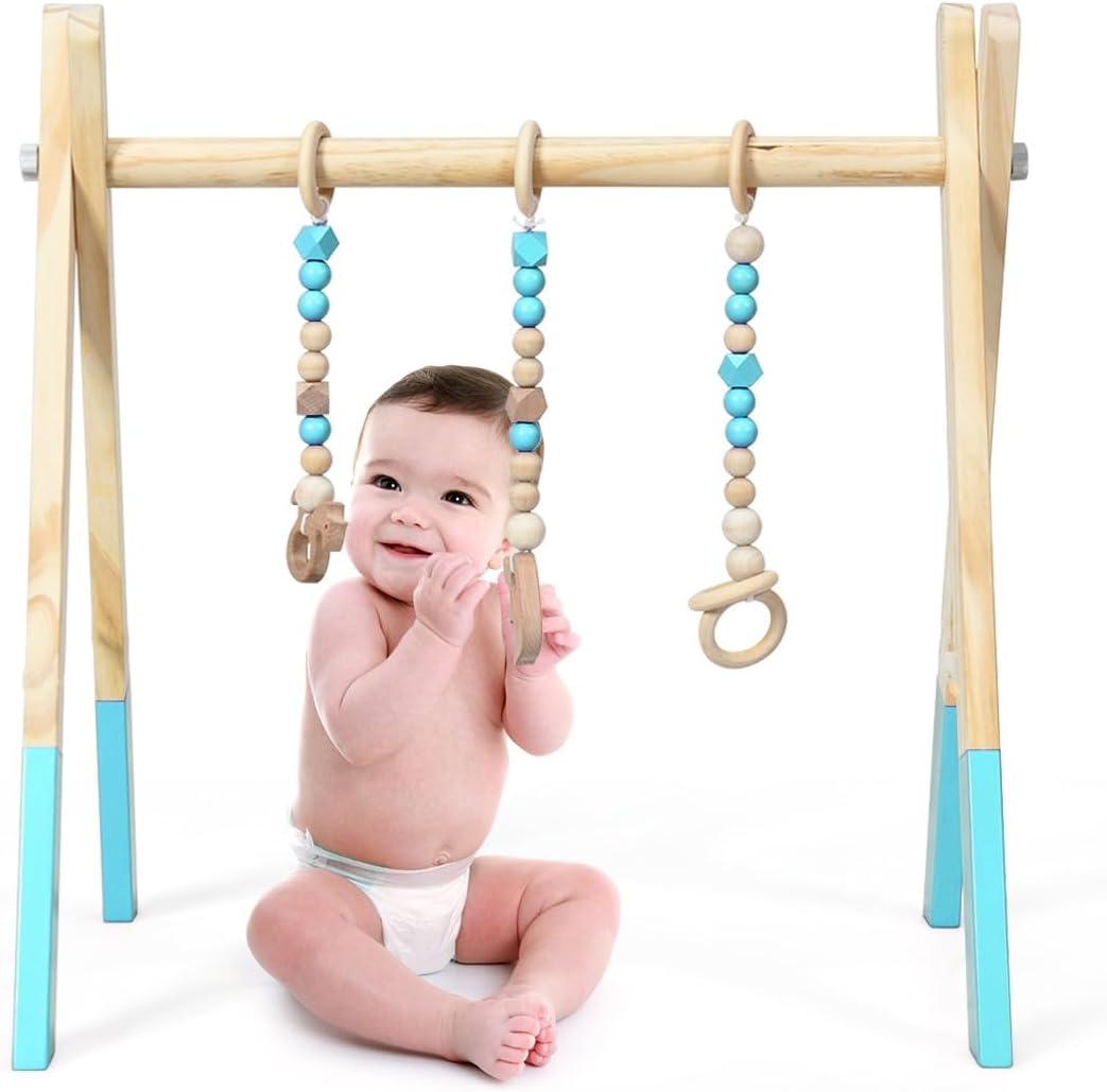 LIFEZEAL Spieltrapez, Spielbogen Baby Holz, Babyspielgerät mit 3 Spielzeugen, Holzspielzeug baby, Ba