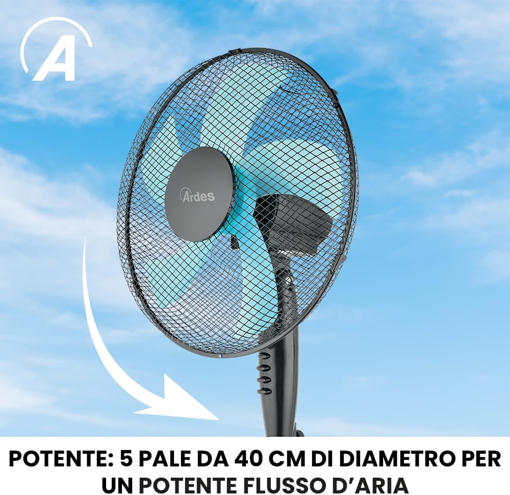 Ardes - AR5ST40PN Standventilator STEELO 40N 5 Flügel - Bodenventilator 40 cm Oszillierend mit verst