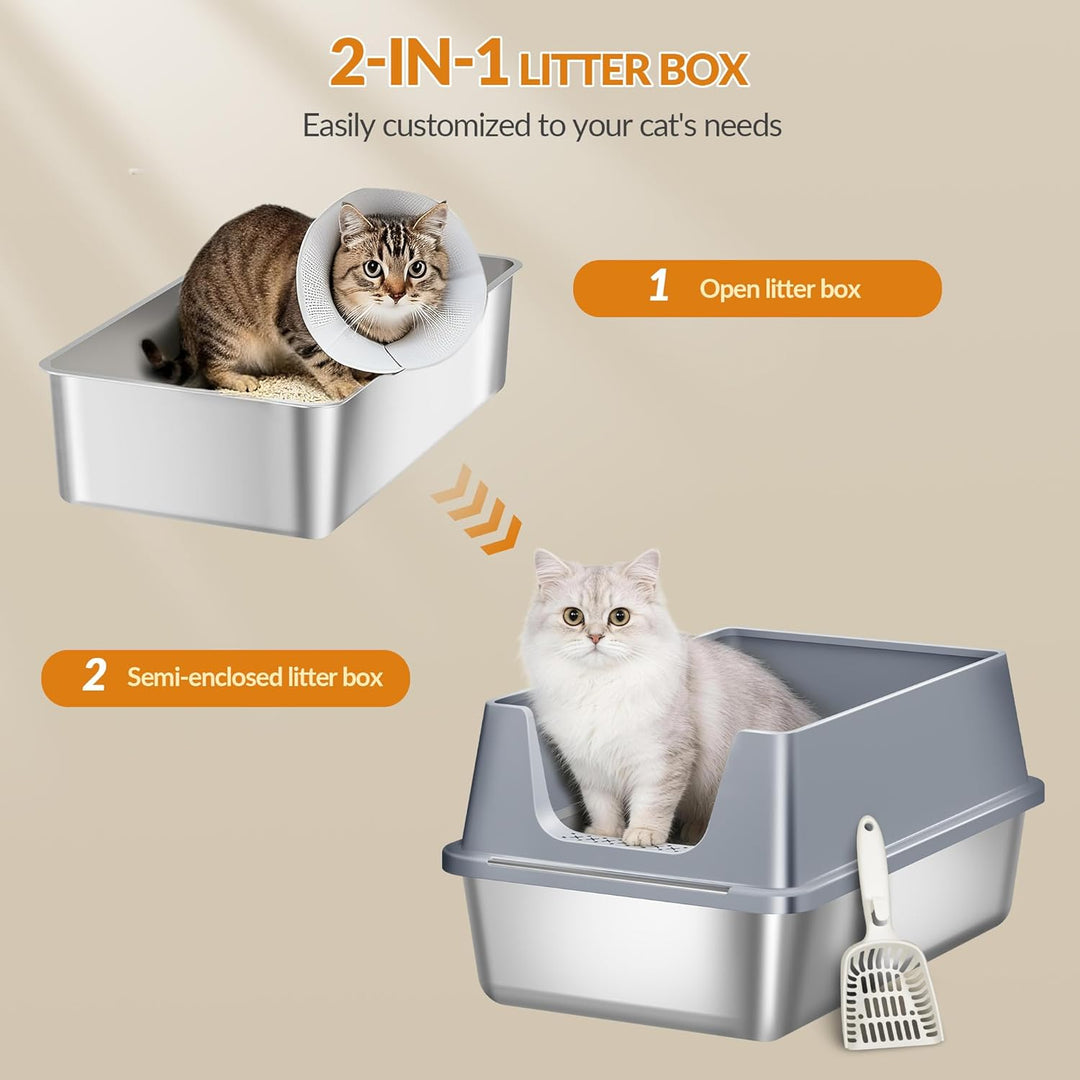 Katzenklo Edelstahl, XXL Metall Katzentoilette Gross, Katzenklo Edelstahl mit Hoher Rand, mit Schauf