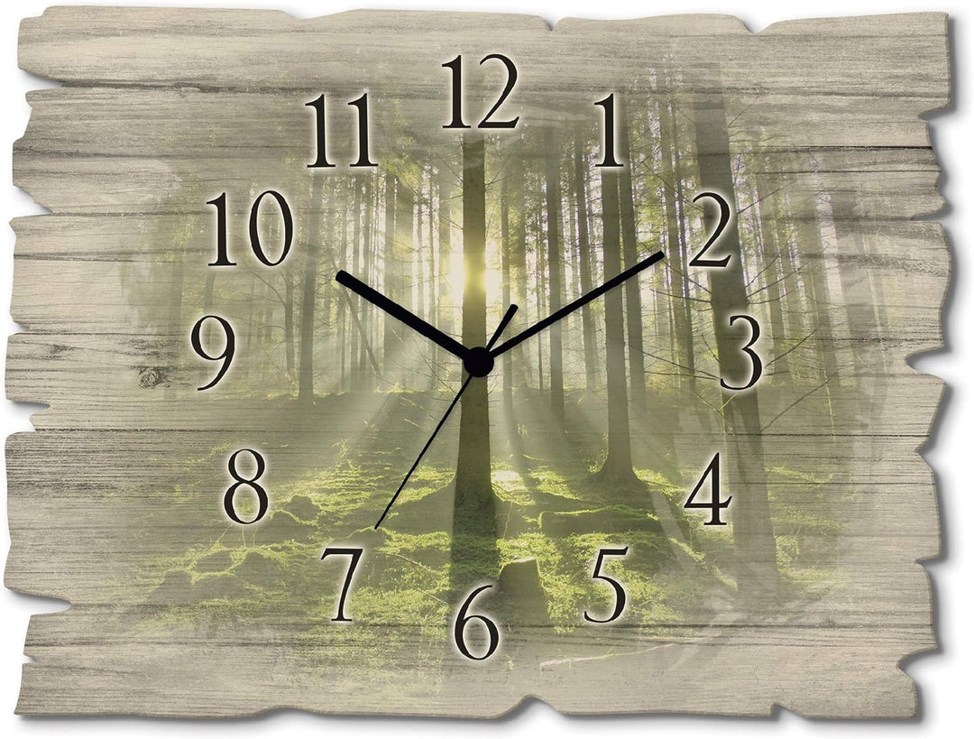 ARTLAND Wanduhr ohne Tickgeräusche aus Holz Funkuhr 40x30 cm Rechteckig Lautlos Wald Landschaft Natu