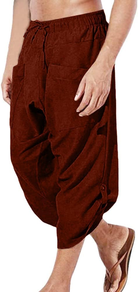 COSDREAMER Herren Mittelalter Hose Wikinger Pirat Kostüm Hose (Grösse XL, Braun 3/4) XL Braun 3/4, X