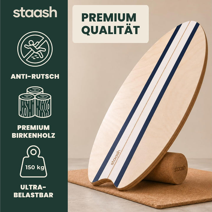 STAASH® Balance Board Holz – Pro Gleichgewichtstrainer inkl. Schutzmatte, Rolle, Halbkugel, Korkball