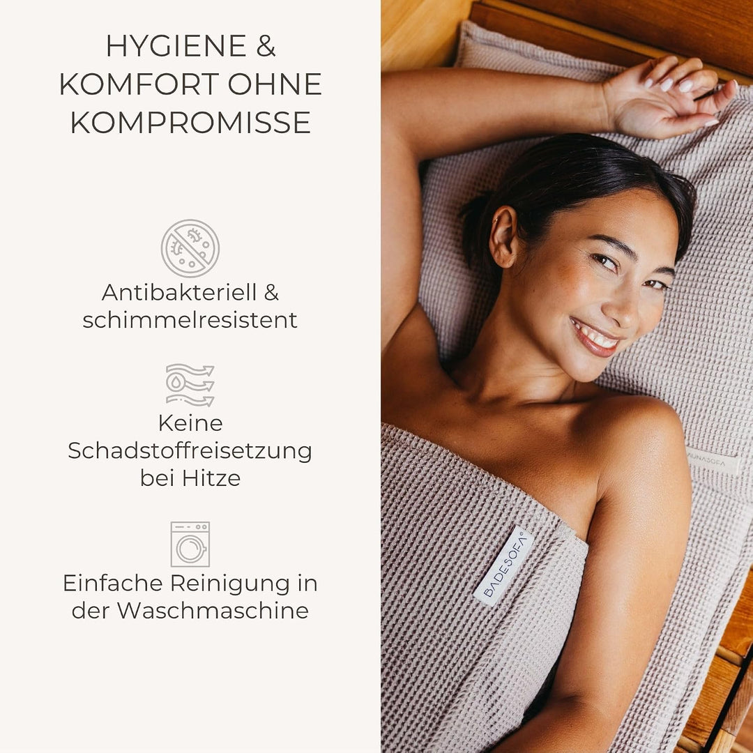 SAUNASOFA® von BADESOFA® | Extra bequeme Sauna-Matte mit Kissen | Einfacher Transport dank Tragegurt