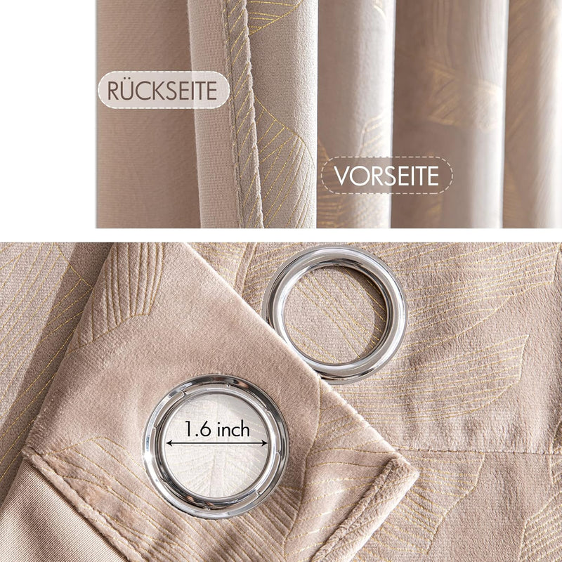 MIULEE Vorhänge Samt mit Goldfolie Blätter Muster, 2 Stück Beige Samt Gardinen mit Ösen, Jedes 245 c