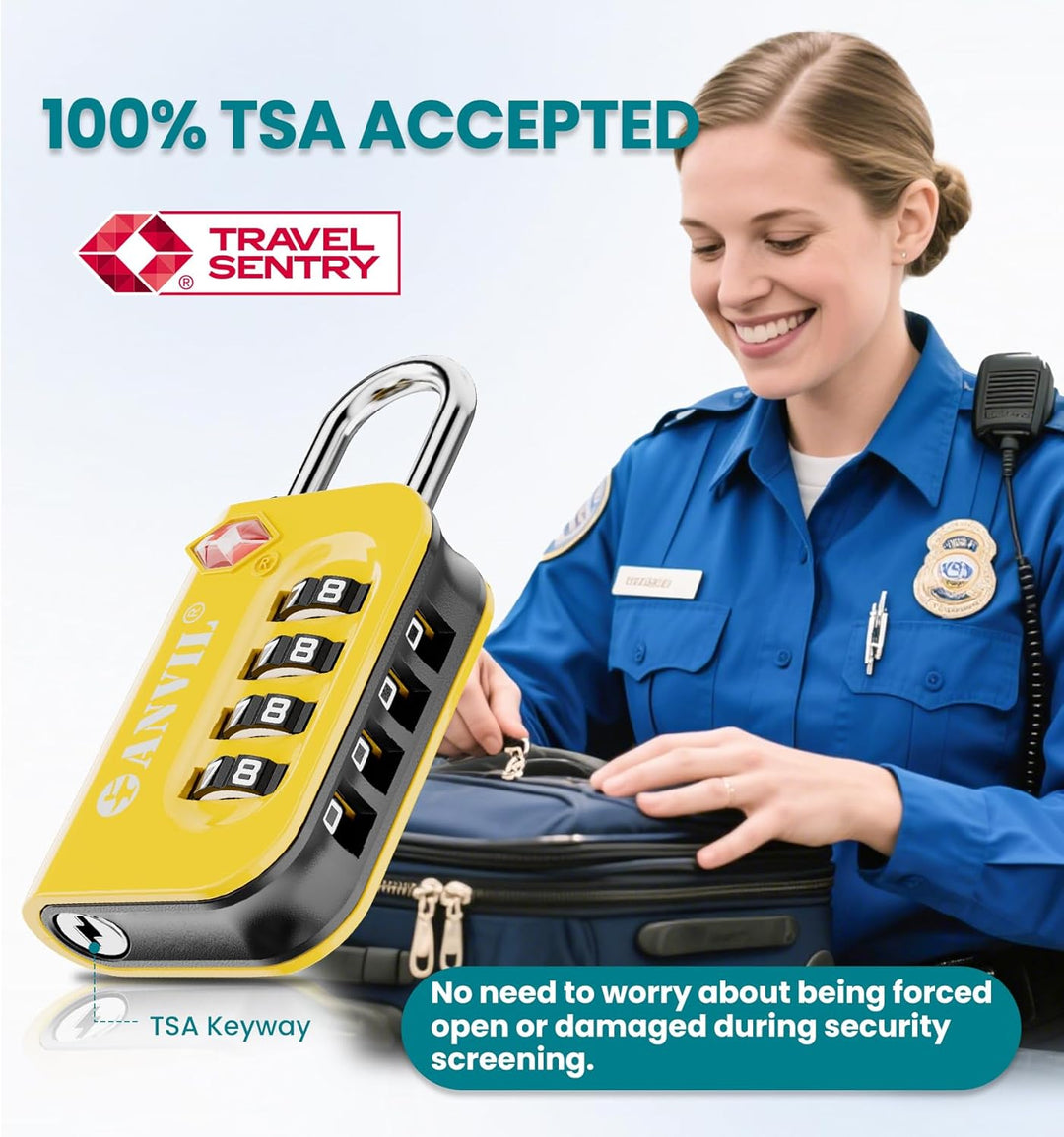 TSA Approved Luggage Lock - 4 Digit Combination padlocks with a Hardened Steel Shackle - Travel Lock