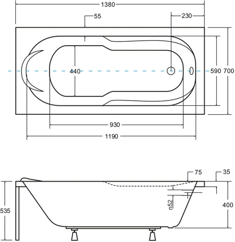 VBChome Badewanne 140x70 cm Acryl SET Schürze Siphon Wanne Rechteck Weiss Design Modern Ablaufgarnit