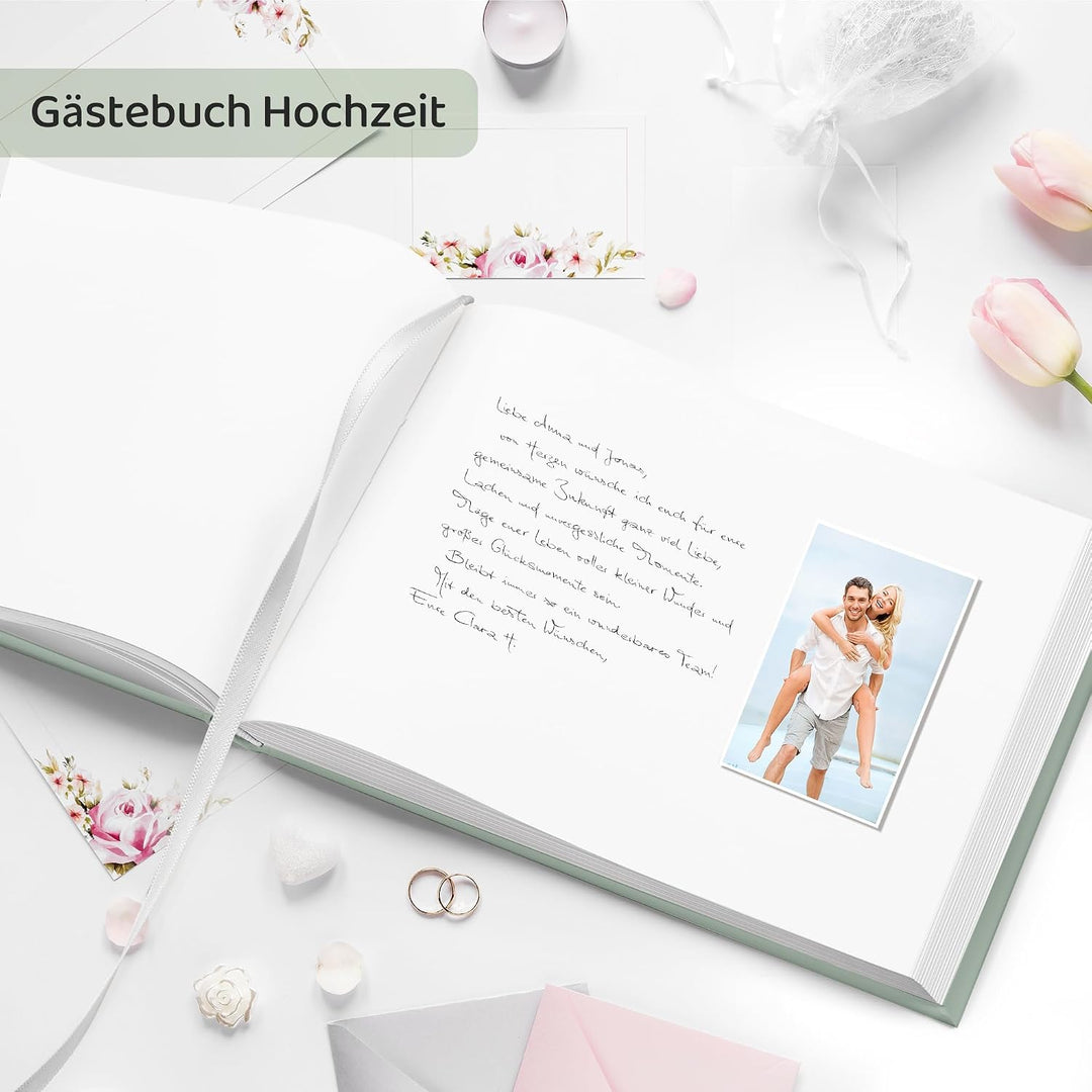 Hyggartn Grünes Hochzeitsgästebuch mit Stickern – Edles Hardcover Gästebuch mit Goldprägung, 100 Sei