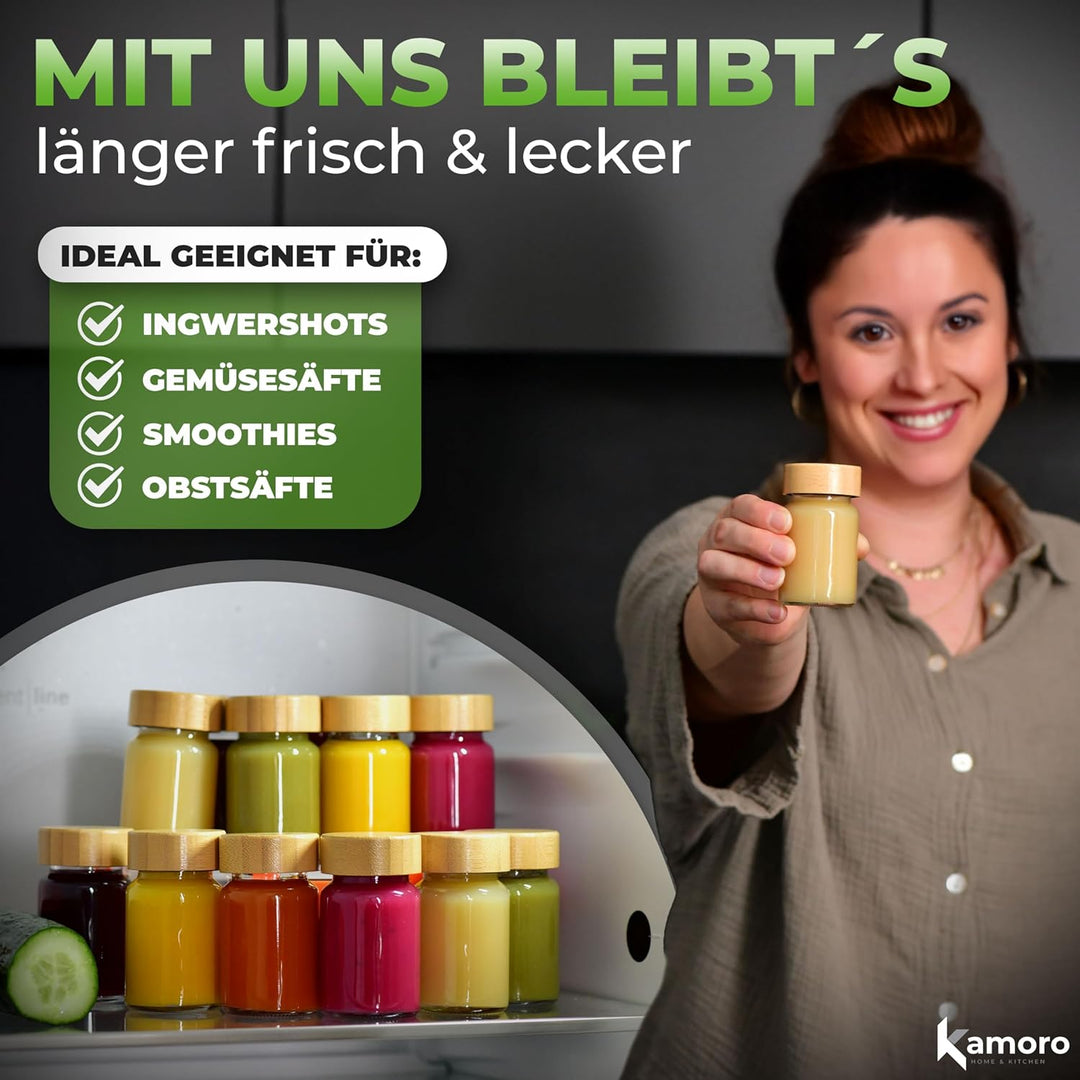 Ingwer Shotgläser 12er Set - Mini Gläser mit Bambusdeckel & Edelstahl Trichter [60ml] - Shot Flasche