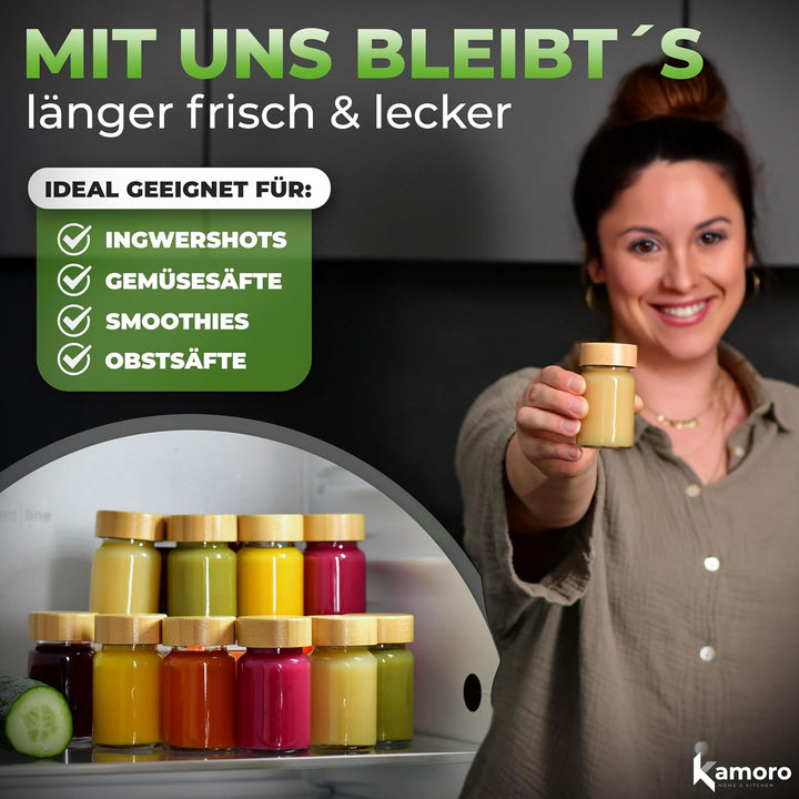 Ingwer Shotgläser 12er Set - Mini Gläser mit Bambusdeckel & Edelstahl Trichter [60ml] - Shot Flasche